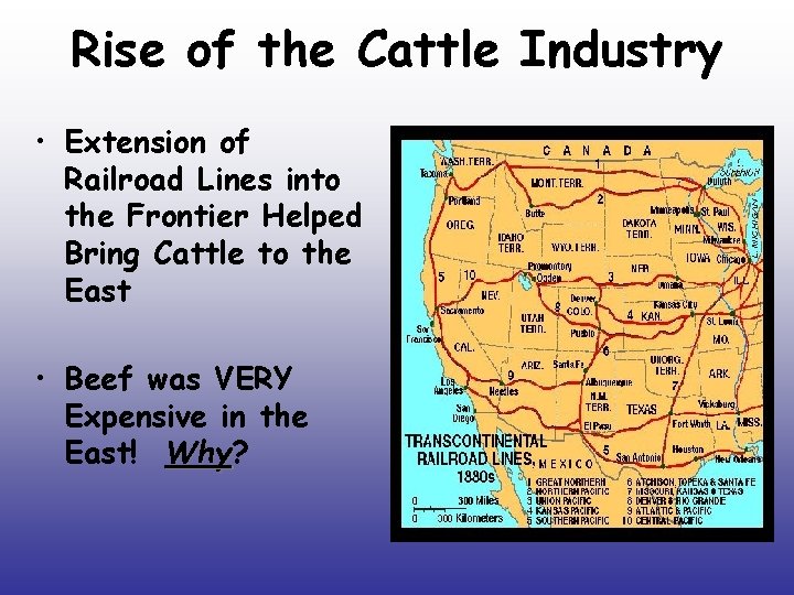 Rise of the Cattle Industry • Extension of Railroad Lines into the Frontier Helped Rise of the Cattle Industry • Extension of Railroad Lines into the Frontier Helped