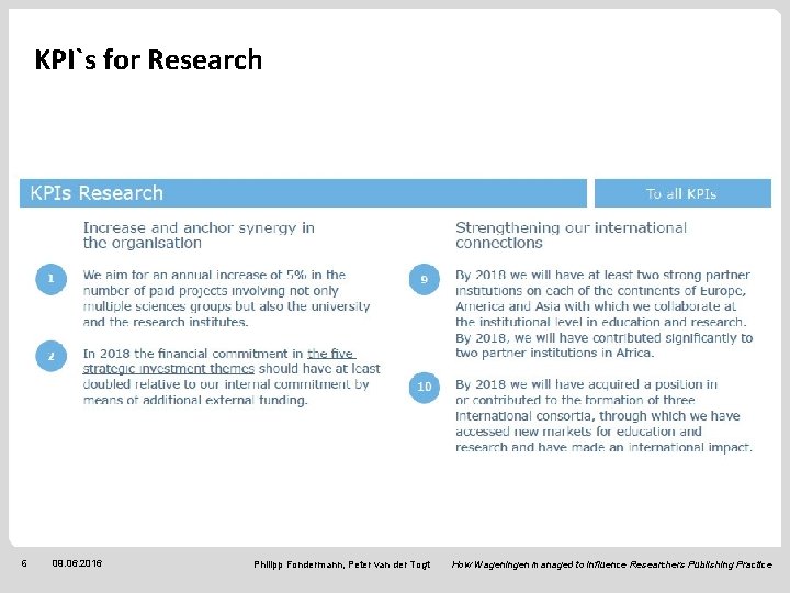 KPI`s for Research 6 09. 06. 2016 Philipp Fondermann, Peter van der Togt How