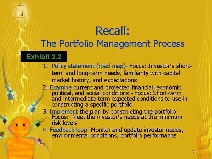Recall: The Portfolio Management Process Exhibit 2. 2 1. Policy statement (road map)- Focus: