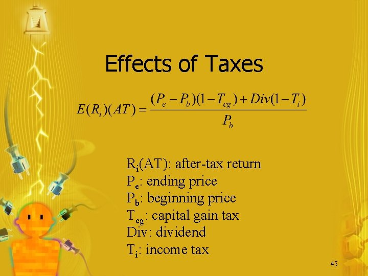 Effects of Taxes Ri(AT): after-tax return Pe: ending price Pb: beginning price Tcg: capital