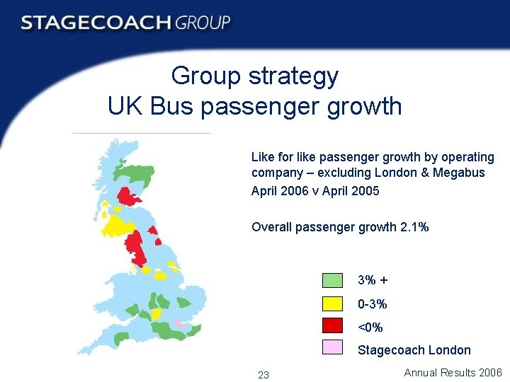 Group strategy UK Bus passenger growth Like for like passenger growth by operating company