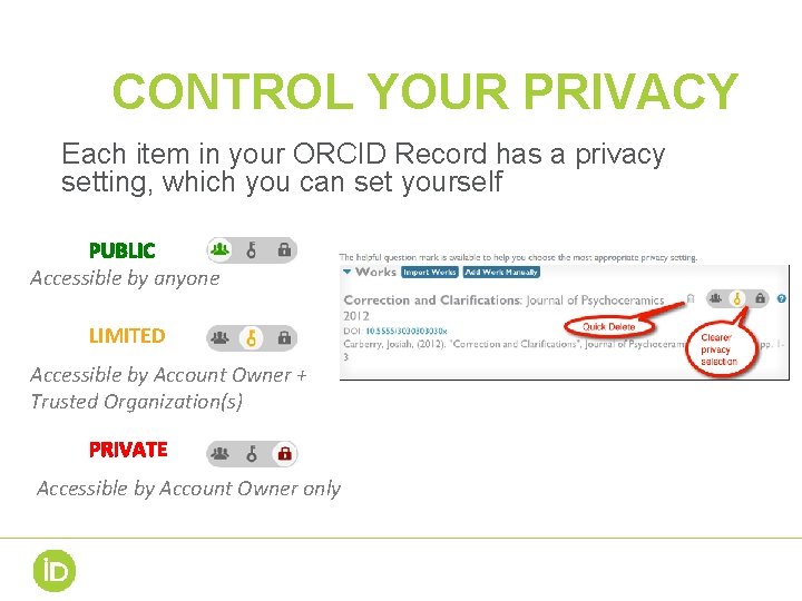 CONTROL YOUR PRIVACY Each item in your ORCID Record has a privacy setting, which