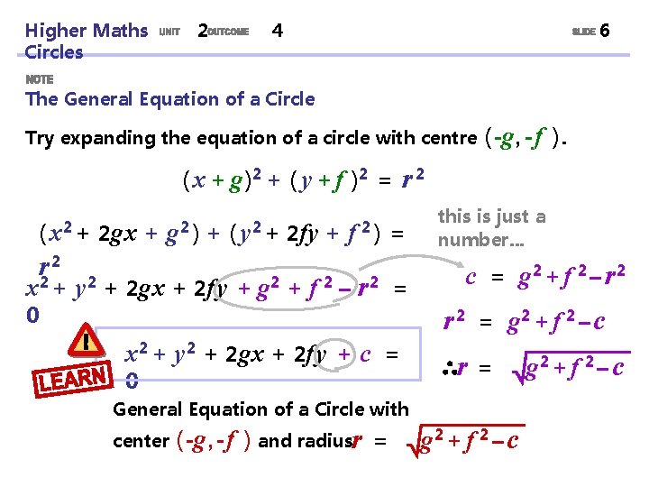 Higher Maths Circles 2 4 6 The General Equation of a Circle Try expanding