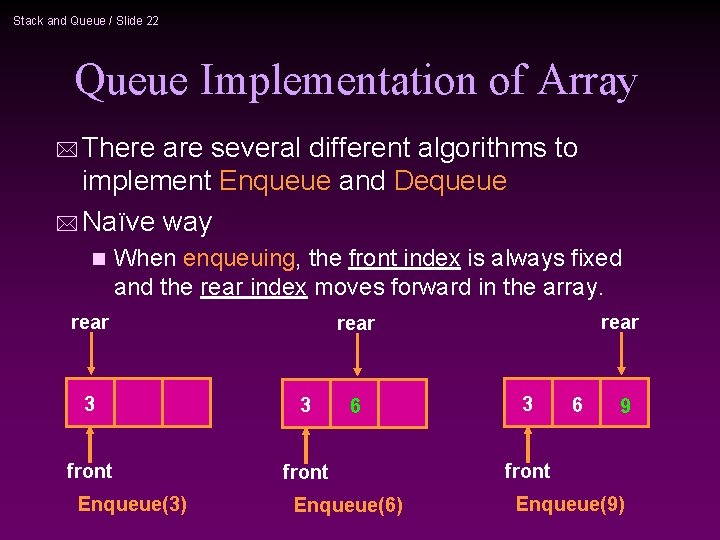 Stack and Queue / Slide 22 Queue Implementation of Array * There are several