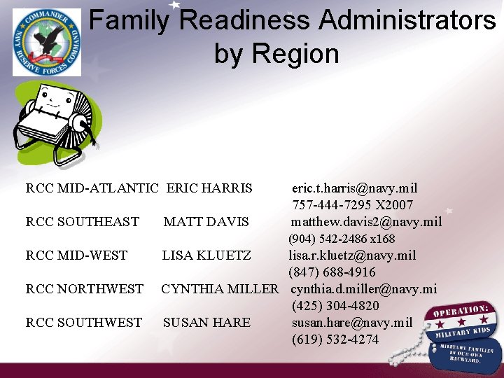  Family Readiness Administrators by Region RCC MID-ATLANTIC ERIC HARRIS RCC SOUTHEAST MATT DAVIS