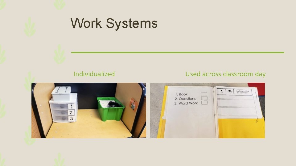 Work Systems Individualized Used across classroom day 