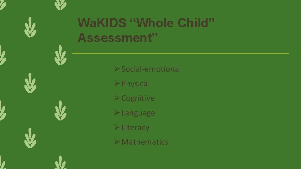 Wa. KIDS “Whole Child” Assessment” Ø Social-emotional Ø Physical Ø Cognitive Ø Language Ø