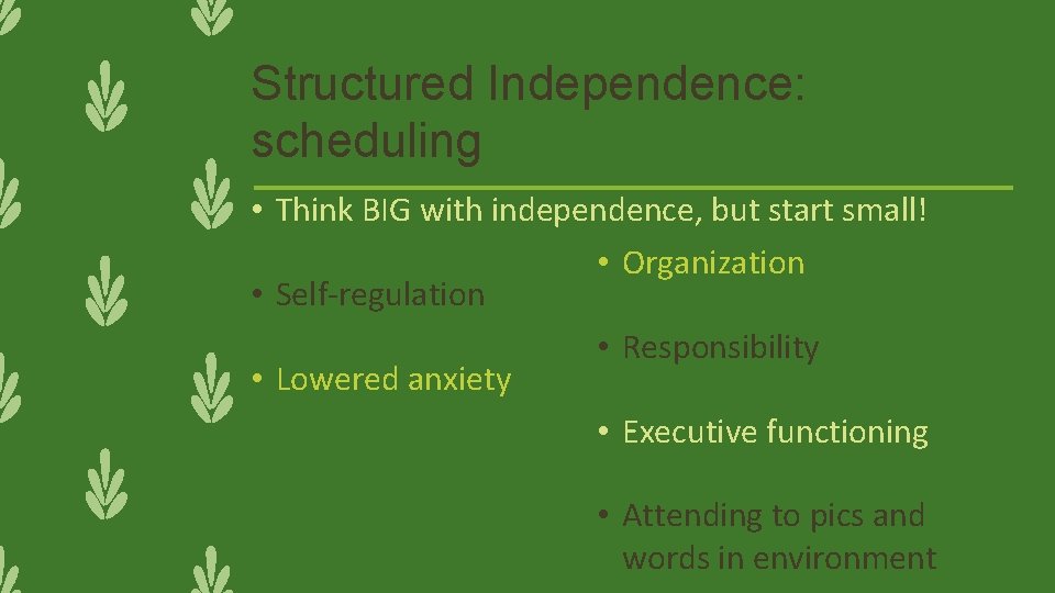 Structured Independence: scheduling • Think BIG with independence, but start small! • Organization •