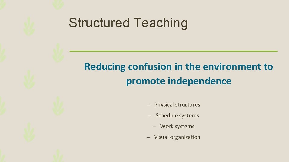 Structured Teaching Reducing confusion in the environment to promote independence – Physical structures –