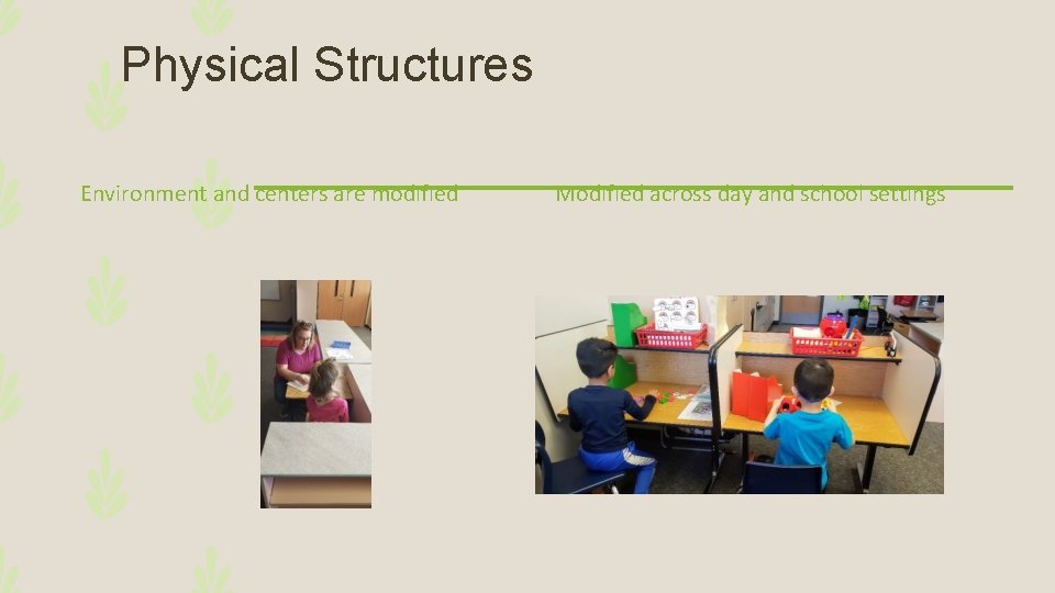 Physical Structures Environment and centers are modified Modified across day and school settings 