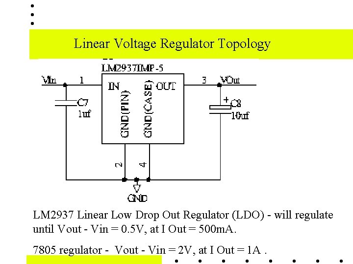 Linear Voltage Regulator Topology LM 2937 Linear Low Drop Out Regulator (LDO) - will