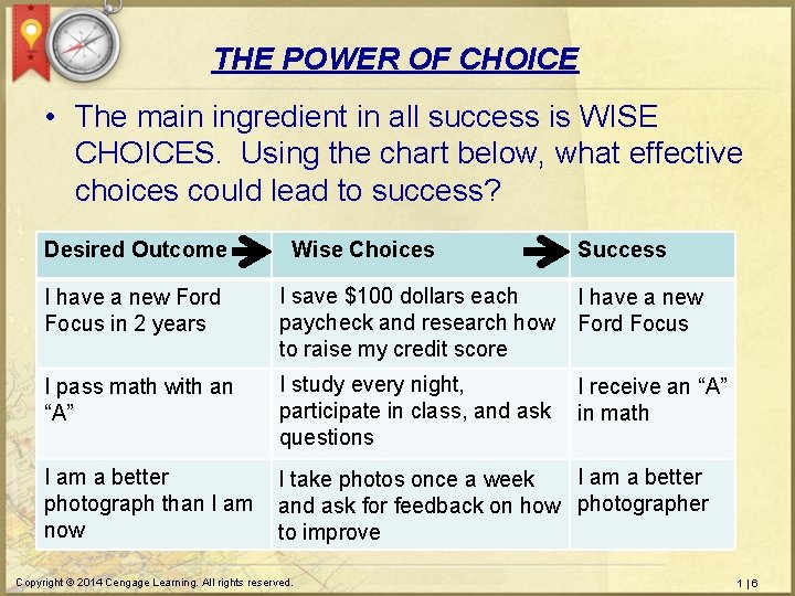 THE POWER OF CHOICE • The main ingredient in all success is WISE CHOICES.