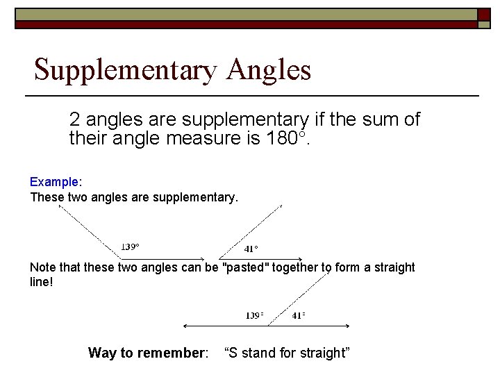 Supplementary Angles 2 angles are supplementary if the sum of their angle measure is