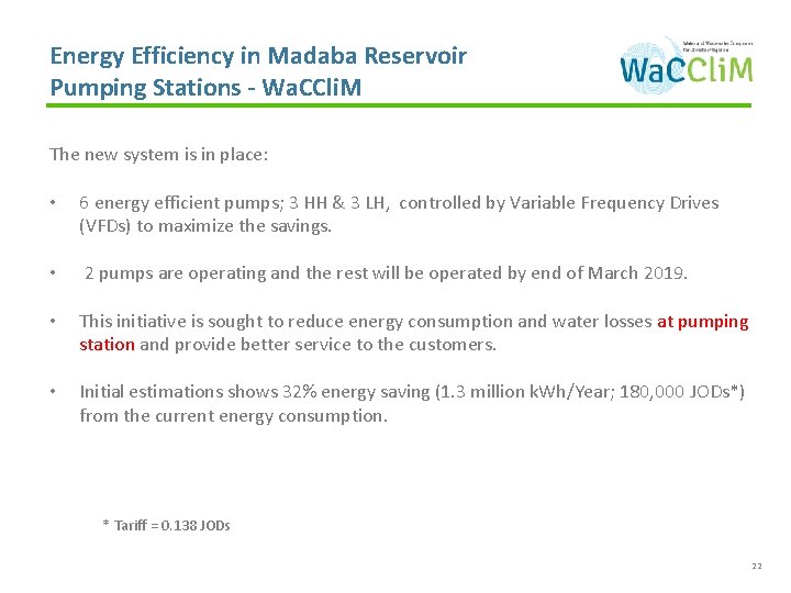 Energy Efficiency in Madaba Reservoir Pumping Stations - Wa. CCli. M The new system