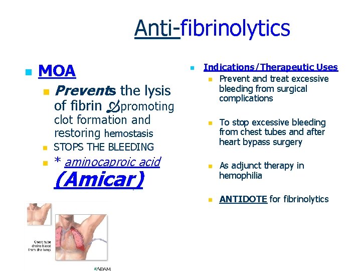 Anti-fibrinolytics n MOA n Prevents the lysis of fibrin promoting clot formation and restoring