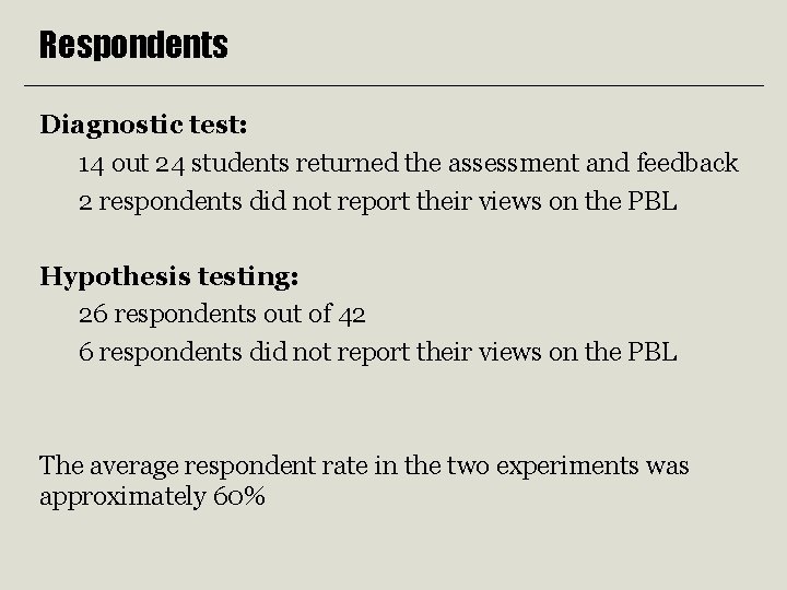 Respondents Diagnostic test: 14 out 24 students returned the assessment and feedback 2 respondents Respondents Diagnostic test: 14 out 24 students returned the assessment and feedback 2 respondents