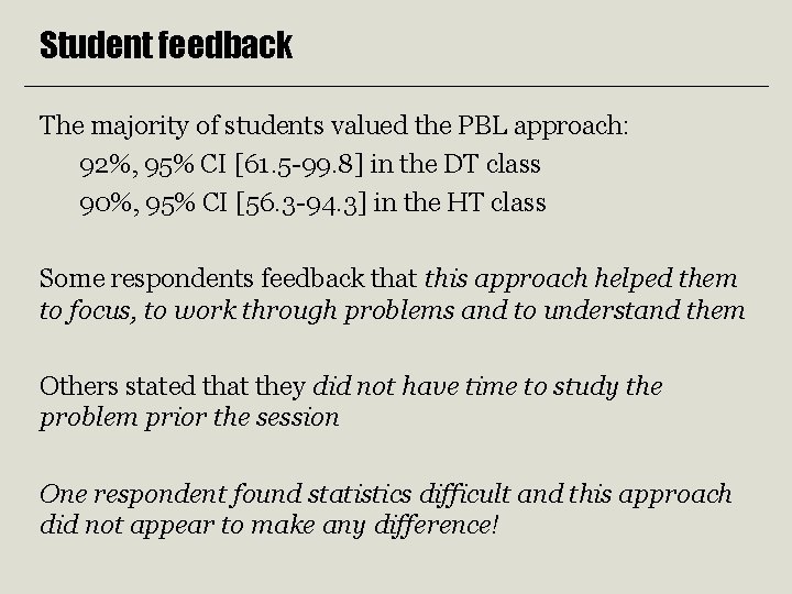 Student feedback The majority of students valued the PBL approach: 92%, 95% CI [61. Student feedback The majority of students valued the PBL approach: 92%, 95% CI [61.