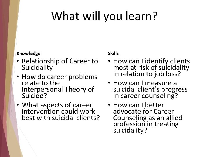 What will you learn? Knowledge • Relationship of Career to Suicidality • How do What will you learn? Knowledge • Relationship of Career to Suicidality • How do