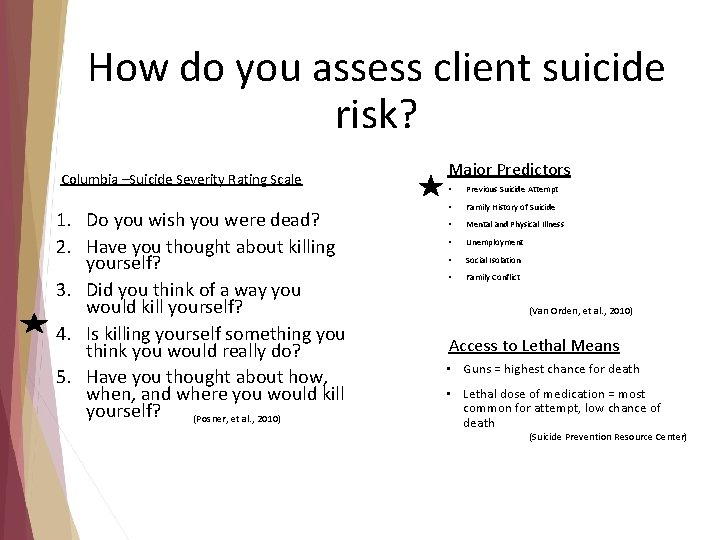 How do you assess client suicide risk? Columbia –Suicide Severity Rating Scale 1. Do How do you assess client suicide risk? Columbia –Suicide Severity Rating Scale 1. Do