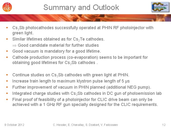 Summary and Outlook § § § § § Cs 3 Sb photocathodes successfully operated