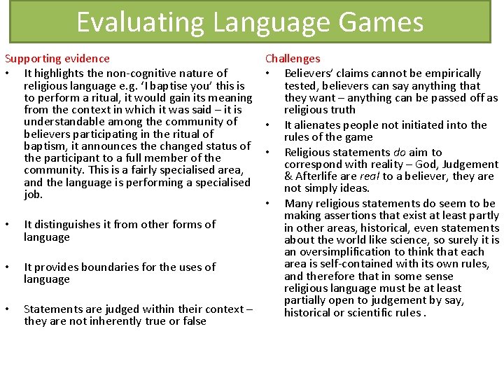 Evaluating Language Games Supporting evidence • It highlights the non-cognitive nature of religious language Evaluating Language Games Supporting evidence • It highlights the non-cognitive nature of religious language