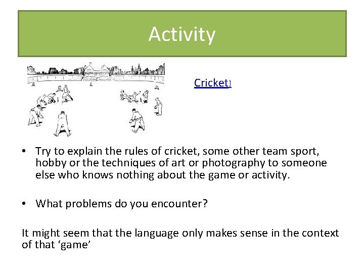 Activity Cricket! • Try to explain the rules of cricket, some other team sport, Activity Cricket! • Try to explain the rules of cricket, some other team sport,