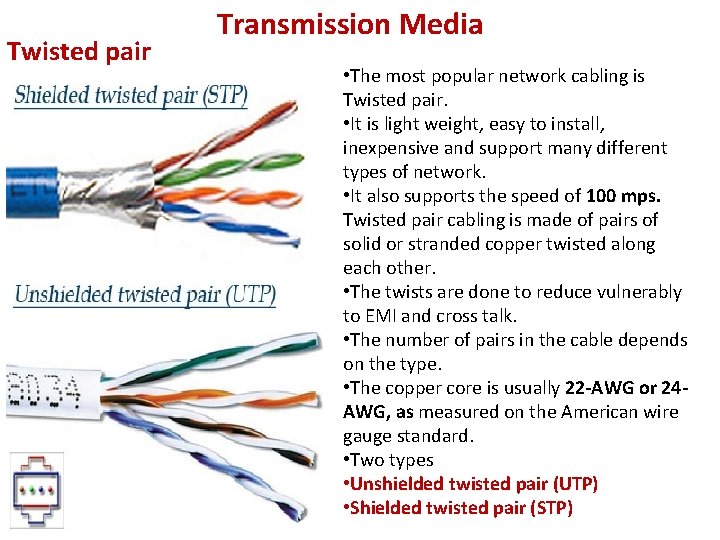 Twisted pair Transmission Media • The most popular network cabling is Twisted pair. •
