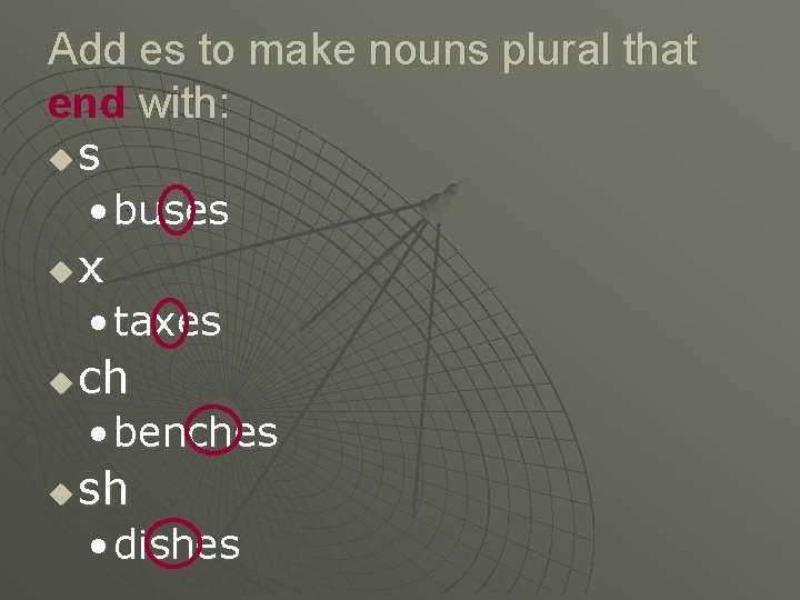 Add es to make nouns plural that end with: us • buses u x