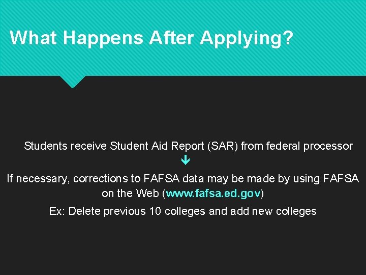 What Happens After Applying? Students receive Student Aid Report (SAR) from federal processor ê