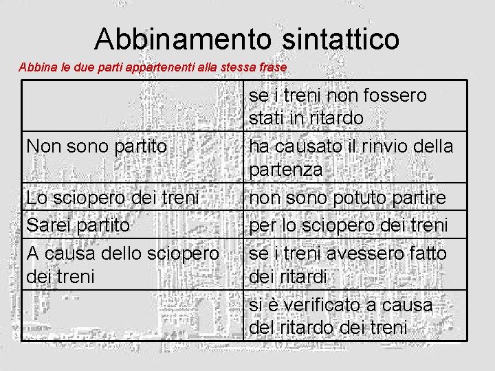 Abbinamento sintattico Abbina le due parti appartenenti alla stessa frase Non sono partito Lo