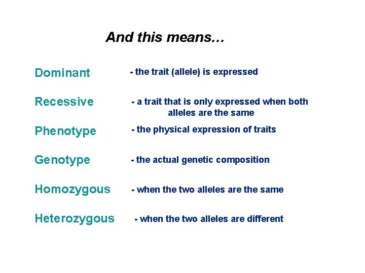And this means… Dominant - the trait (allele) is expressed Recessive - a trait
