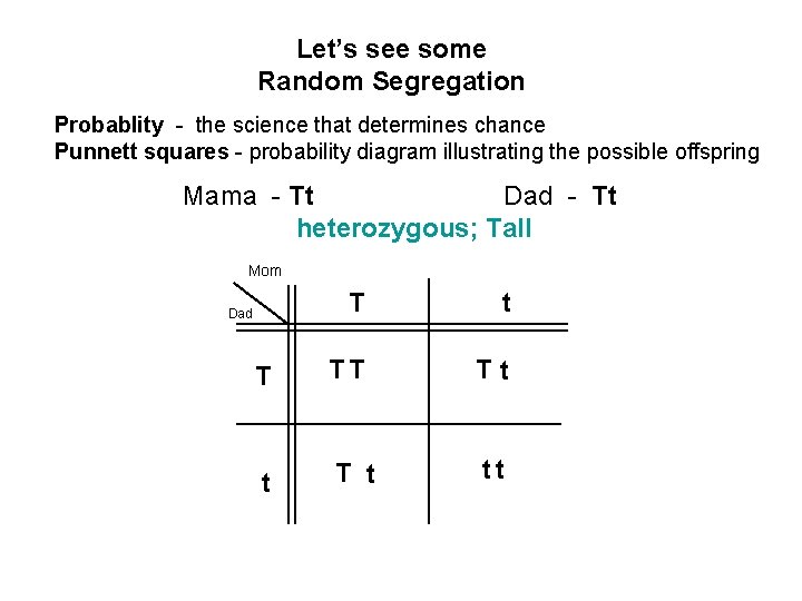 Let’s see some Random Segregation Probablity - the science that determines chance Punnett squares