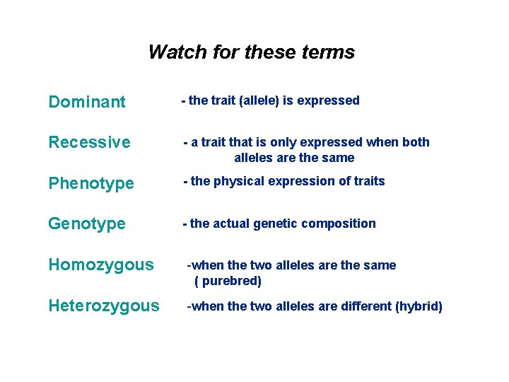 Watch for these terms Dominant - the trait (allele) is expressed Recessive - a