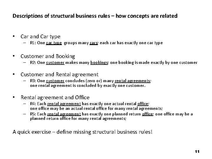 Descriptions of structural business rules – how concepts are related • Car and Car
