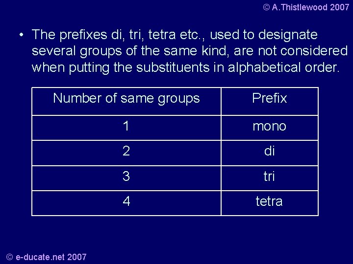 © A. Thistlewood 2007 • The prefixes di, tri, tetra etc. , used to