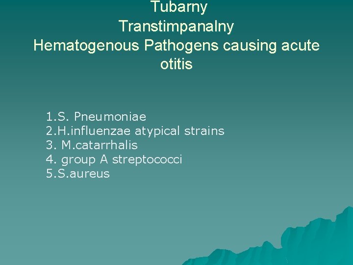 Tubarny Transtimpanalny Hematogenous Pathogens causing acute otitis 1. S. Pneumoniae 2. H. influenzae atypical