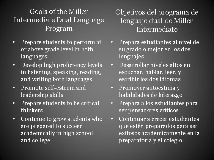 Goals of the Miller Intermediate Dual Language Program Objetivos del programa de lenguaje dual