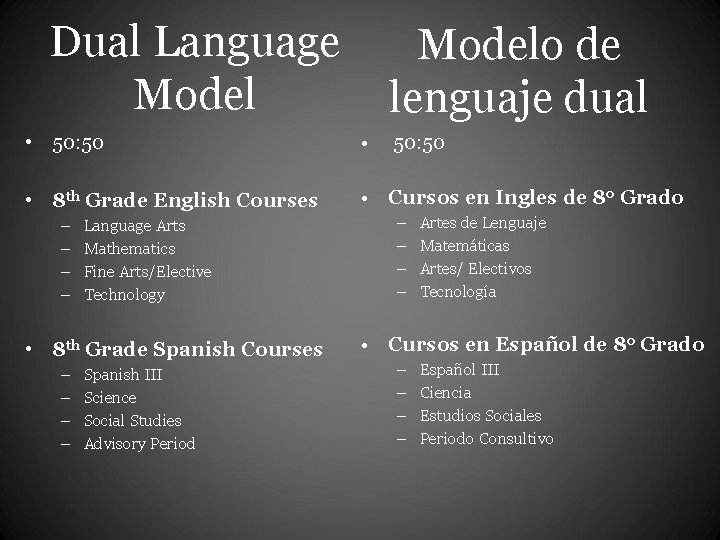 Dual Language Modelo de lenguaje dual • 50: 50 • • 8 th Grade