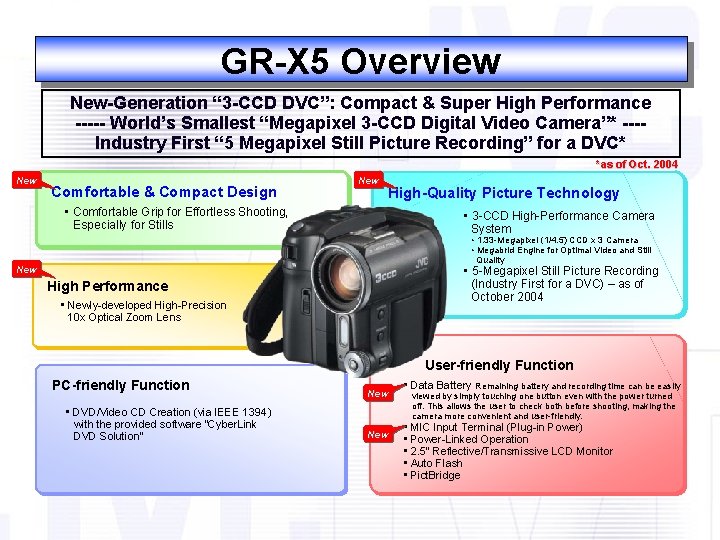 GR-X 5 Overview New-Generation “ 3 -CCD DVC”: Compact & Super High Performance -----