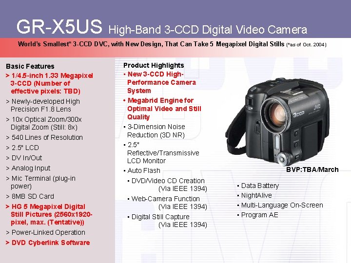 GR-X 5 US High-Band 3 -CCD Digital Video Camera World’s Smallest* 3 -CCD DVC,