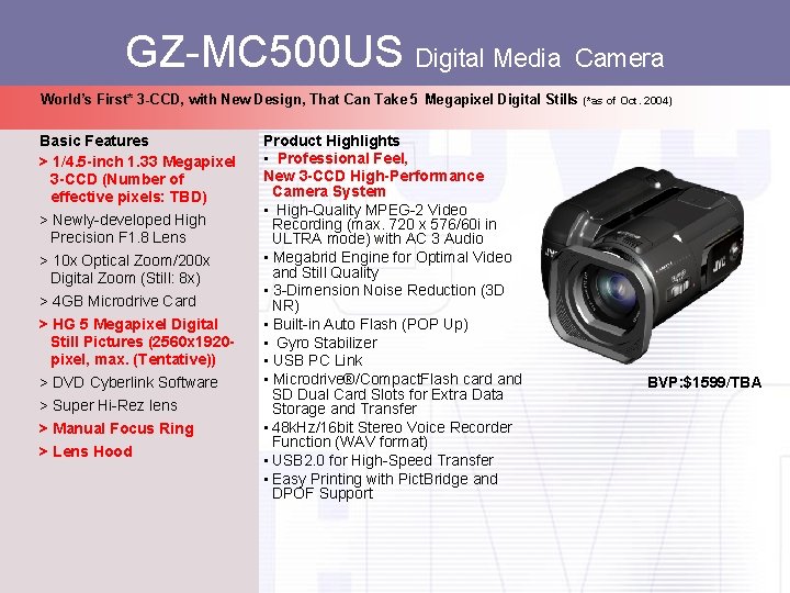 GZ-MC 500 US Digital Media Camera World’s First* 3 -CCD, with New Design, That