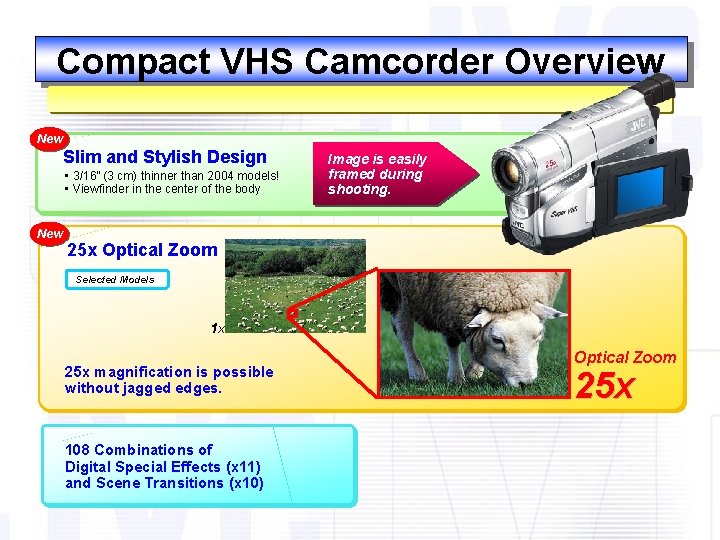Compact VHS Camcorder Overview New Slim and Stylish Design • 3/16” (3 cm) thinner