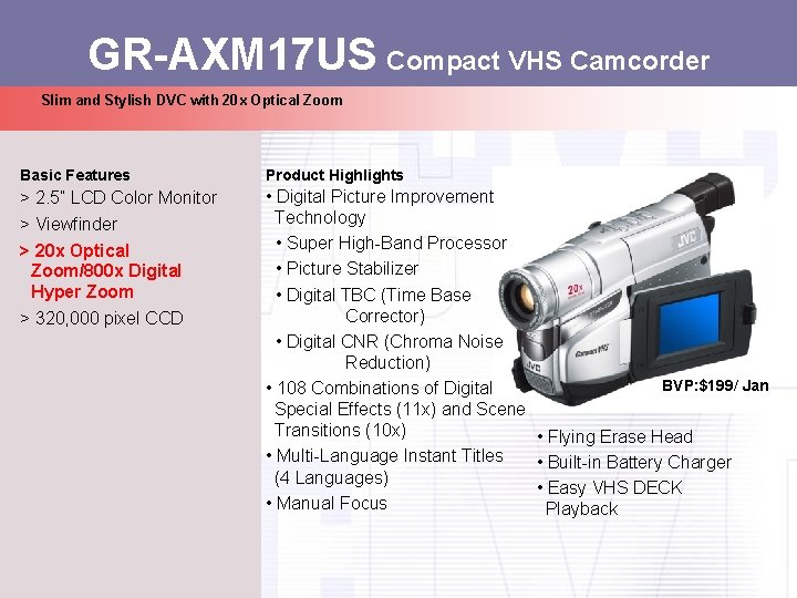 GR-AXM 17 US Compact VHS Camcorder Slim and Stylish DVC with 20 x Optical