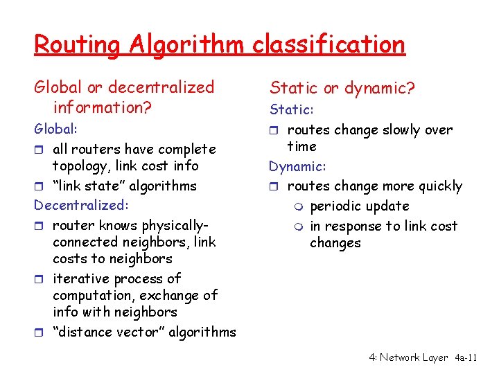 Routing Algorithm classification Global or decentralized information? Global: r all routers have complete topology,