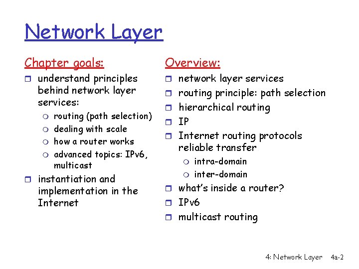 Network Layer Chapter goals: Overview: r understand principles r network layer services behind network