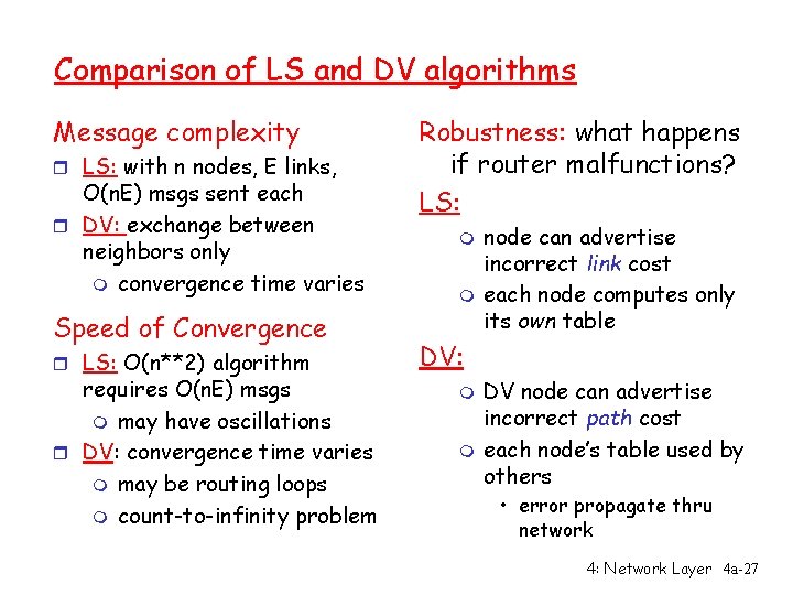 Comparison of LS and DV algorithms Message complexity r LS: with n nodes, E