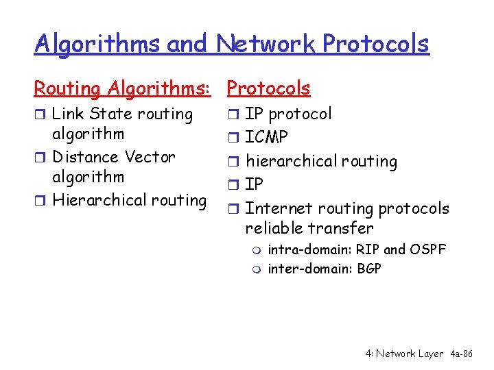 Algorithms and Network Protocols Routing Algorithms: Protocols r Link State routing algorithm r Distance