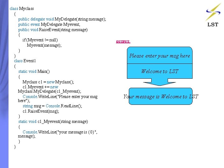 class Myclass { public delegate void My. Delegate(string message); public event My. Delegate Myevent; class Myclass { public delegate void My. Delegate(string message); public event My. Delegate Myevent;