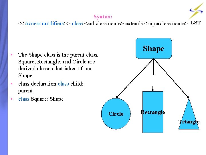 Syntax: <<Access modifiers>> class <subclass name> extends <superclass name> Shape • The Shape class Syntax: <<Access modifiers>> class <subclass name> extends <superclass name> Shape • The Shape class