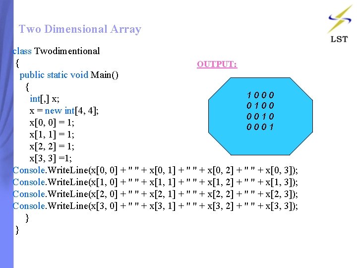 Two Dimensional Array class Twodimentional { OUTPUT: public static void Main() { 1000 int[, Two Dimensional Array class Twodimentional { OUTPUT: public static void Main() { 1000 int[,